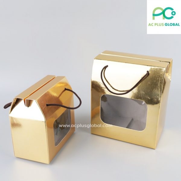 กล่องกระดาษ มีหน้าต่างใส พร้อมเชือก สีทอง กล่องใส่คุกกี้ กล่องขนม (แพค10ใบ)