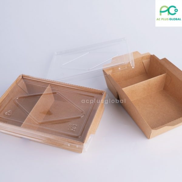 กล่องกระดาษใส่อาหาร 2 ช่อง กล่องข้าว กระดาษคราฟท์ ฝาใส (20ชุด/แพ็ค)